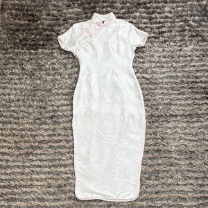Chic White Cheongsam Qipao with Pink Trim, Size S